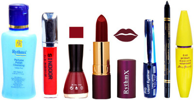 

Rythmx Lipstick ,Polish Remover, Sindoor, Nail Polish,EyeLiner,Black Kajal, Mascara, Makeup kit Combo 14075(Set of 7)