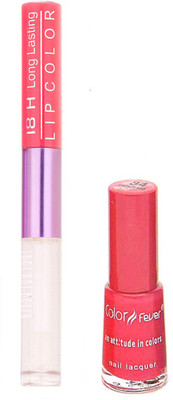 

Color Fever Long Lasting 4741636 Pink Nail Polish+Peach Lipstick(Set of 2)