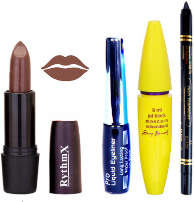 

Rythmx Choclaty Brown Lipstick Bold Look Eyeliner Black kajal Magnum Beauty Maskara Kit 10118(Set of 4)