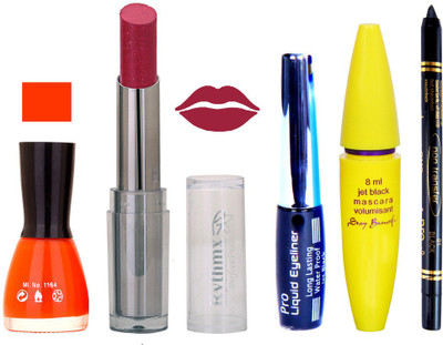

Rythmx Intense Matte Shimmer mazanta Shade Lipstick, Fantasy Orange Nail Polish,Black Eyeliner,Mascara, And Stay On Black Kajal 7293(Set of 5)