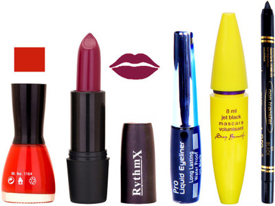 

Rythmx Mazanta Lipstick Redish Orange Nail With Black EyeLiner Zed Kajal and Volumisant Express MasCara D(Set of 5)