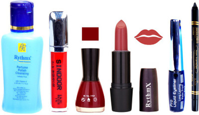 

Rythmx Gajri Shade Lipstick Cherry Red Nail Polish Remover Eye Liner Sindoor Black Kajal Combo Kit 9819(Set of 6)