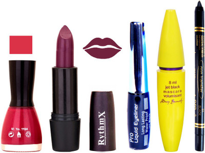 

Rythmx Jamini Lipstick Pink Nail Polish With Black EyeLiner Zed Black Kajal and Volumisant Express MasCara OP(Set of 5)