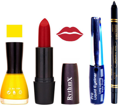

Rythmx Yellow Nail Polish Rose Red Lipstick With Eyeliner and Pro Non Transfer Black Kajal 68090(Set of 4)