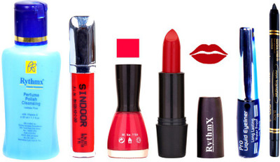 

Rythmx Red Lipstick Neon Pink Nail Polish Remover Eye Liner Sindoor Black Kajal Combo Kit 9859(Set of 6)