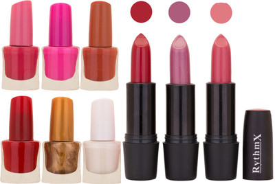 Rythmx NEW NEON IMPORTANT NAIL POLISHES AND BLACK LIPSTICKS COMBO 029(Set of 9)
