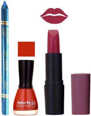 

Fashion Bar Nail Polish , otg Lipstick , Turquoise Blue Kajal Combo76(Set of 3)