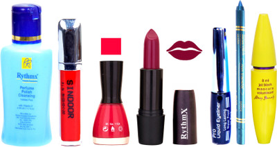 

Rythmx Mauve Lipstick Pink Nail Polish Remover Black EyeLiner Sindoor Turquoise Blue Kajal Maskara 41(Set of 7)