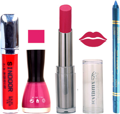 

Rythmx Lipstick Sindoor,Nail Polish,Turquois Blue Kajal Makeup Pack Combo 596(Set of 4)