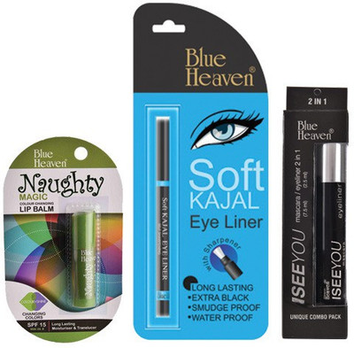 

Blue Heaven Soft Kajal Eyeliner , I See You 2 in 1 Mascara/Eyeliner & Naughty Color Lip Balm (Magic)(Set of 3)
