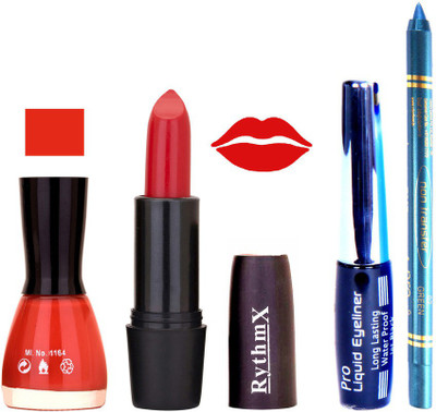 

Rythmx Orangy Brown Nail Polish Marry Red Lipstick With Eyeliner and Pro Non Transfer Blue Kajal 580109(Set of 4)