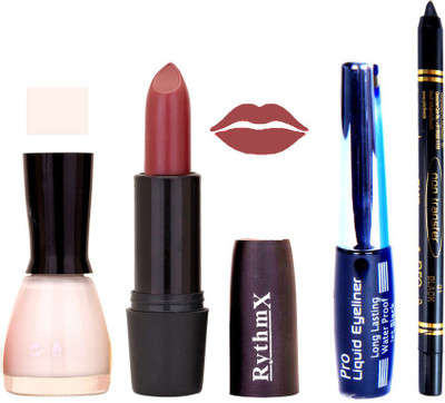 

Rythmx White Nail Polish gajri Lipstick With Eyeliner and Pro Non Transfer Black Kajal 68090(Set of 4)