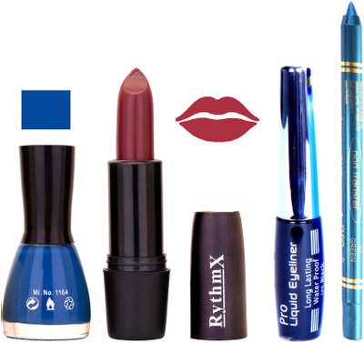

Rythmx Blue Nail Polish Mauve Lipstick With Eyeliner and Pro Non Transfer Blue Kajal 58094(Set of 4)