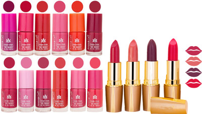 

Aroma Care 12 Piece Vibrant Color Nail Polish Combo Set With 4 Rythm Creamy Matte Lipstick Combo 104(Set of 16)
