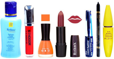 

Rythmx Mauve Lipstick Peach Nail Polish Remover Eye Liner Sindoor Pro Non Transfer Black Kajal Maskara Combo Kit 2861(Set of 7)