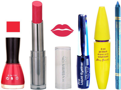 

Rythmx Intense Matte Hot Redish pink Shade Lipstick, Sheer Pink Nail Polish,Black Eyeliner,Mascara, And Turquoise Blue Kajal 632(Set of 5)
