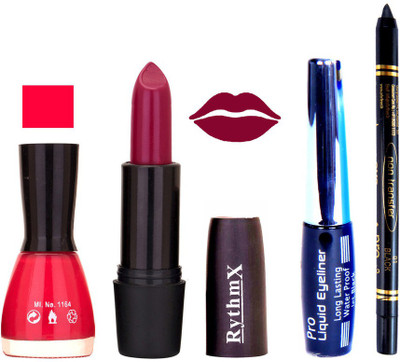 

Rythmx Lovly Pink Nail Polish Mazanta Mauve Lipstick With Eyeliner and Pro Non Transfer Black Kajal 68116(Set of 4)