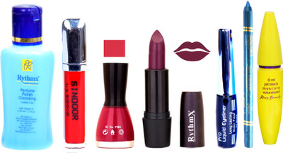 

Rythmx Jamuni Mauve Lipstick Mazanta Pink Nail Polish Remover Black EyeLiner Sindoor Turquoise Blue Kajal Maskara 26(Set of 7)