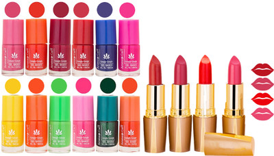 

Aroma Care 12 Piece Vibrant Color Nail Polish Combo Set With 4 Rythm Creamy Matte Lipstick Combo 187(Set of 16)
