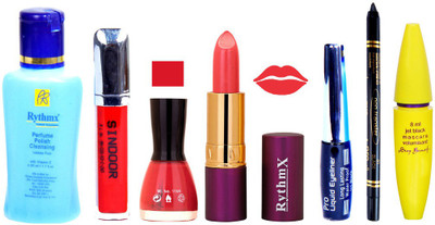 

Rythmx Lipstick ,Polish Remover, Sindoor, Nail Polish,EyeLiner,Black Kajal, Mascara, Makeup kit Combo 14077(Set of 7)