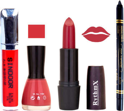 

Rythmx Bright Mazanta Lipstick Dark Pink Nail Polish Non Transfer Black kajal Sindoor 141(Set of 4)