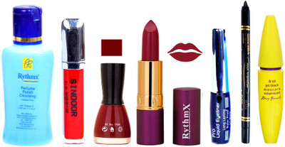 

Rythmx Lipstick ,Polish Remover, Sindoor, Nail Polish,EyeLiner,Black Kajal, Mascara, Makeup kit Combo 14095(Set of 7)