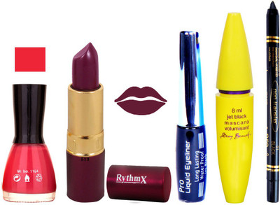

Rythmx Dark Purple Lipstick Neon Light Pink Nail Polish With Black EyeLiner Zed Black Kajal and Volumisant Express MasCara FF(Set of 5)
