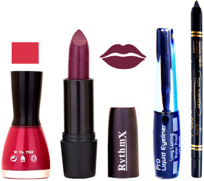 Rythmx Pink Nail PolishDark Jamini Lipstick With Eyeliner and Pro Non Transfer Black Kajal 68108(Set of 4)