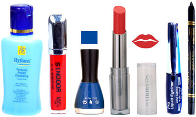 Rythmx Lipstick And Nail Polish + Eyliner + Sindoor + Remover + Kajal Makeup Combo Pack(Set of 6)