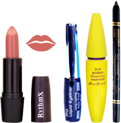 

Rythmx Peach Lipstick Bold Look Eyeliner Black kajal Magnum Beauty Maskara Kit 10103(Set of 4)