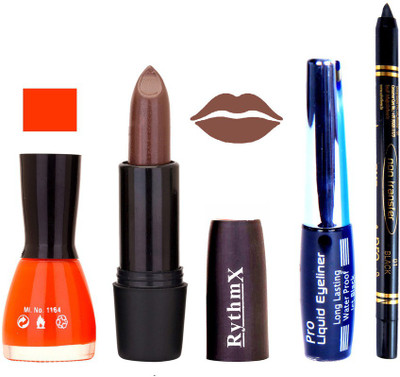 

Rythmx Orange Nail PolishChoclaty Brown Lipstick With Eyeliner and Pro Non Transfer Black Kajal 68094(Set of 4)