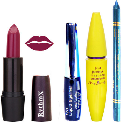 

Rythmx Mauve Lipstick Bold Look Eyeliner Non Pro Transfer Turqoise Blue Kajal Jet Black Volumisant Mascara Kit 30330(Set of 4)