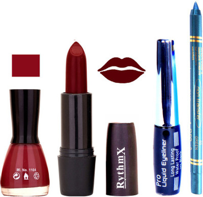 

Rythmx Maroon Nail Polish Maroon Lipstick With Eyeliner and Pro Non Transfer Blue Kajal 580101(Set of 4)
