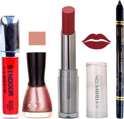 

Rythmx Lipstick Sindoor,Nail Polish,Black Kajal Makeup Pack Combo 646(Set of 4)