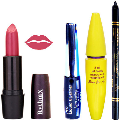 

Rythmx Pinkish Purple Lipstick Bold Look Eyeliner Black kajal Magnum Beauty Maskara Kit 1096(Set of 4)