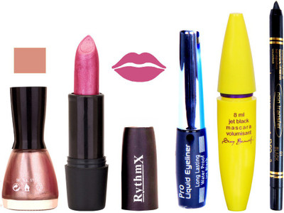 

Rythmx Shimmer Purple Lipstick Light Shimmer Pink Nail Polish With Black EyeLiner Zed Black Kajal and Volumisant Express MasCara KL(Set of 5)