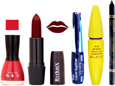 

Rythmx Maroon Lipstick Neon Pink Nail Polish With Black EyeLiner Zed Black Kajal and Volumisant Express MasCara M(Set of 5)