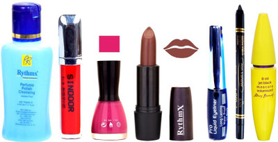 

Rythmx Chaclaty Brown Lipstick Voilet Purple Nail Polish Remover Eye Liner Sindoor Pro Non Transfer Black Kajal Maskara Combo Kit 2822(Set of 7)