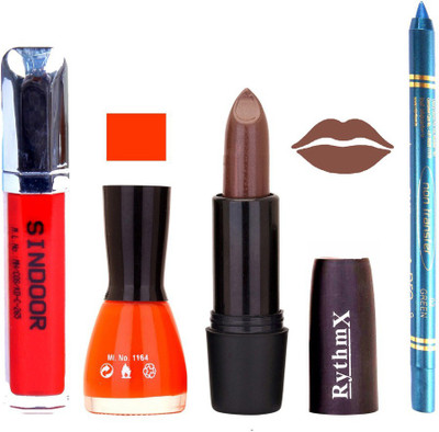 

Rythmx Chaclaty Brown Lipstick Orange Shade Nail Polish Sindoor and Non Pro Transfer Turquoise Blue Kajal Combo kit 9908(Set of 4)