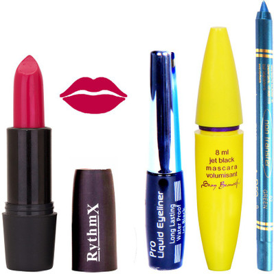 

Rythmx Bright Mazanta Lipstick Bold Look Eyeliner Non Pro Transfer Turqoise Blue Kajal Jet Black Volumisant Mascara Kit 30307(Set of 4)