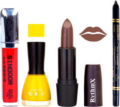 

Rythmx Brown Lipstick Yellow Nail Polish Non Transfer Black kajal Sindoor 185(Set of 4)
