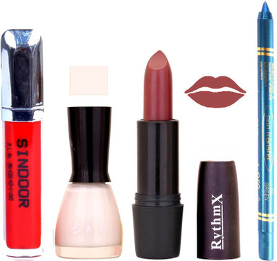 

Rythmx Gajri Lipstick White Shade Nail Polish Sindoor and Non Pro Transfer Turquoise Blue Kajal Combo kit 9901(Set of 4)
