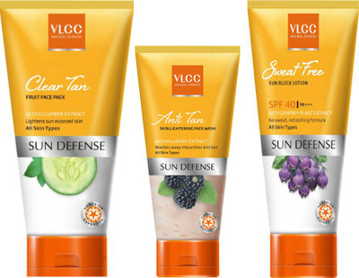 

VLCC Sweat Free Sun-block Lotion - SPF 40 PA+++ (100 g), Clear Tan Fruit Face Pack (85 g) and Anti Tan Skin Lightening Face Wash (50 g)(Set of 3)