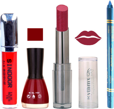 

Rythmx Lipstick Sindoor,Nail Polish,Turquois Blue Kajal Makeup Pack Combo 599(Set of 4)