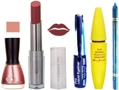 

Rythmx Intense Matte Mauvish Plum Shade Lipstick, Shimmer Voilet Nail Polish,Black Eyeliner,Mascara, And Turquoise Blue Kajal 618(Set of 5)