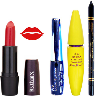 

Rythmx Merry Red Lipstick Bold Look Eyeliner Black kajal Magnum Beauty Maskara Kit 1094(Set of 4)