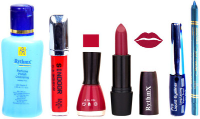 

Rythmx Rose Mauve Lipstick Mauve Nail Polish Remover Eye Liner Sindoor Turquoise Blue Kajal Combo Kit 8908(Set of 6)