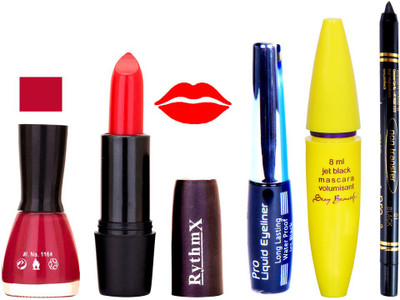 

Rythmx Orange Lipstick Deep Dark Pink Nail Polish With Black EyeLiner Zed Black Kajal and Volumisant Express MasCara Y(Set of 5)
