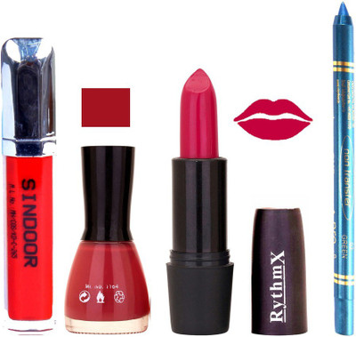 

Rythmx Shimmer Pink Lipstick sweet Pink Shade Nail Polish Sindoor and Non Pro Transfer Turquoise Blue Kajal Combo kit 9916(Set of 4)