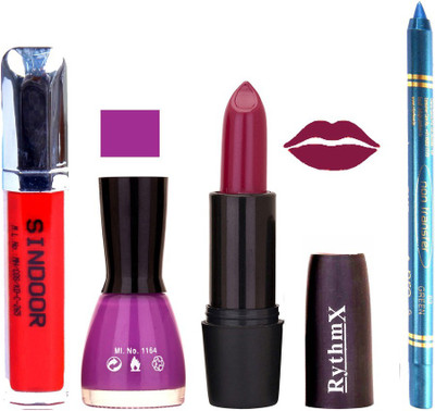 

Rythmx Purple Lipstick Mauve Shade Nail Polish Sindoor and Non Pro Transfer Turquoise Blue Kajal Combo kit 9955(Set of 4)